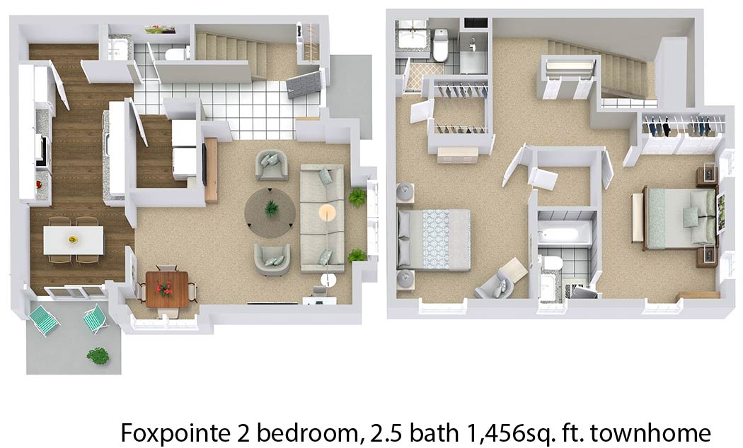 Floor plan for 2 beds, 2.5 baths, 1456 sqft