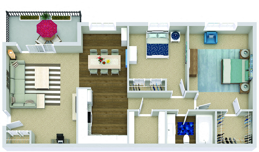 Floor plan for 2 beds, 1 bath, 1100 sqft