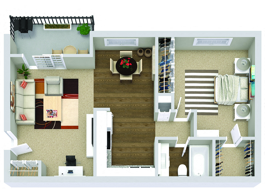Floor plan for 1 bed, 1 bath, 950 sqft