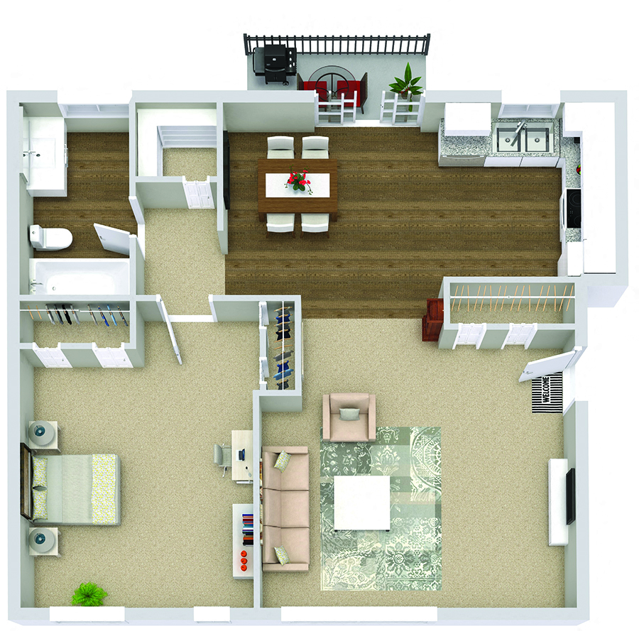 Floor plan for 1 bed, 1 bath, 800 sqft