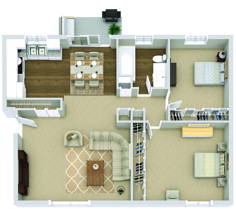 Floor plan for 2 beds, 1 bath, 1000 sqft