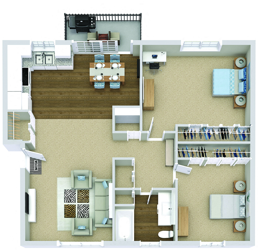Floor plan for 2 beds, 1 bath, 1000 sqft