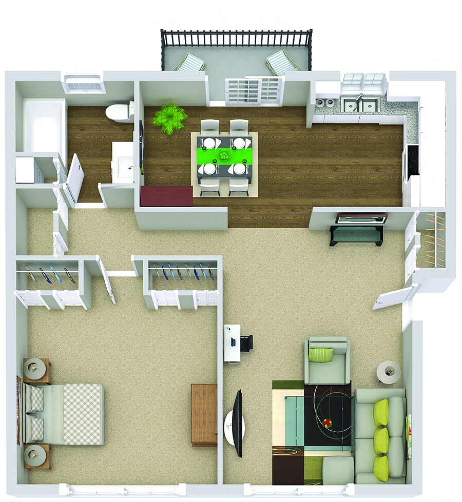 Floor plan for 1 bed, 1 bath, 800 sqft