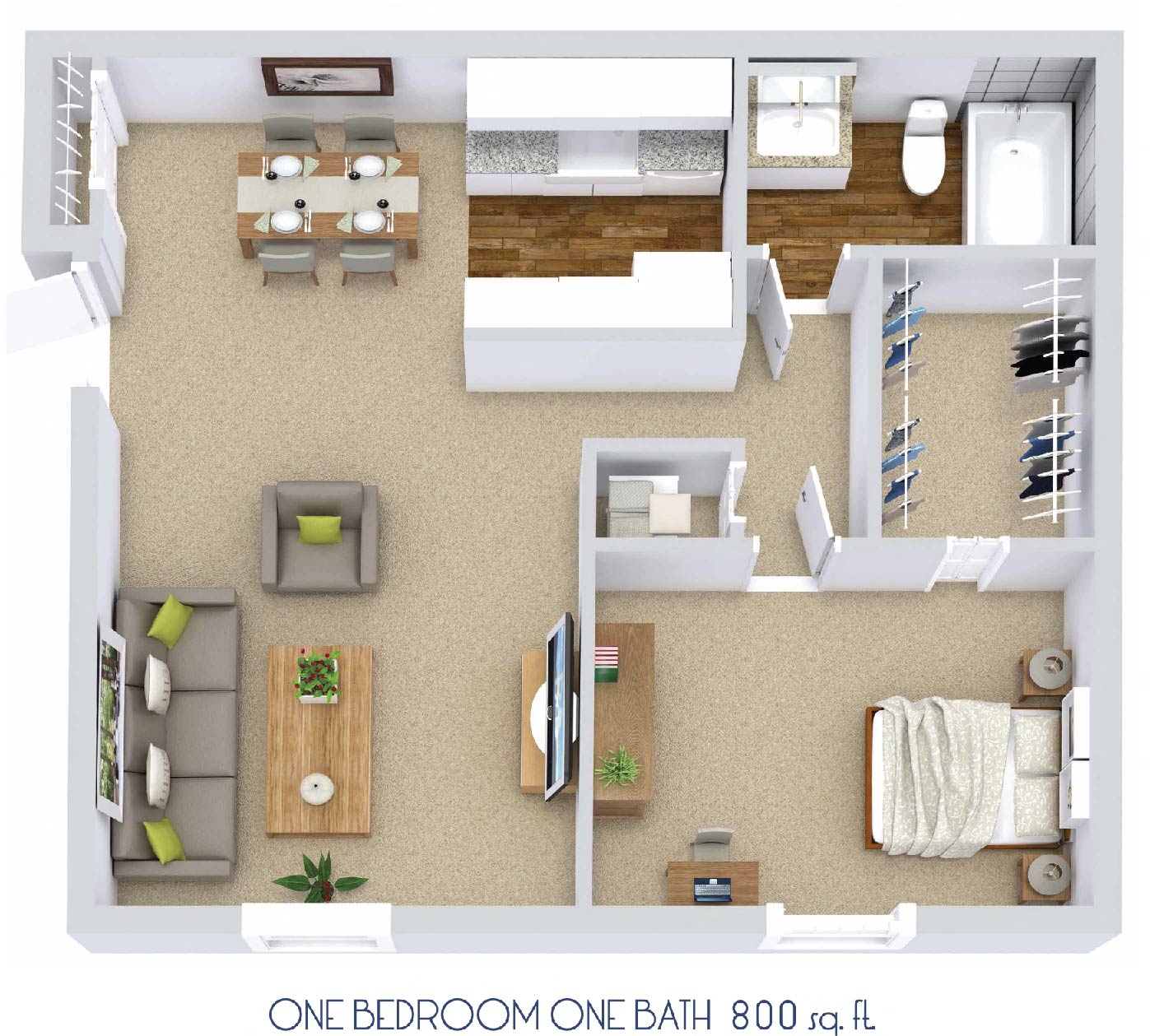 Floor plan for 1 bed, 1 bath, 800 sqft