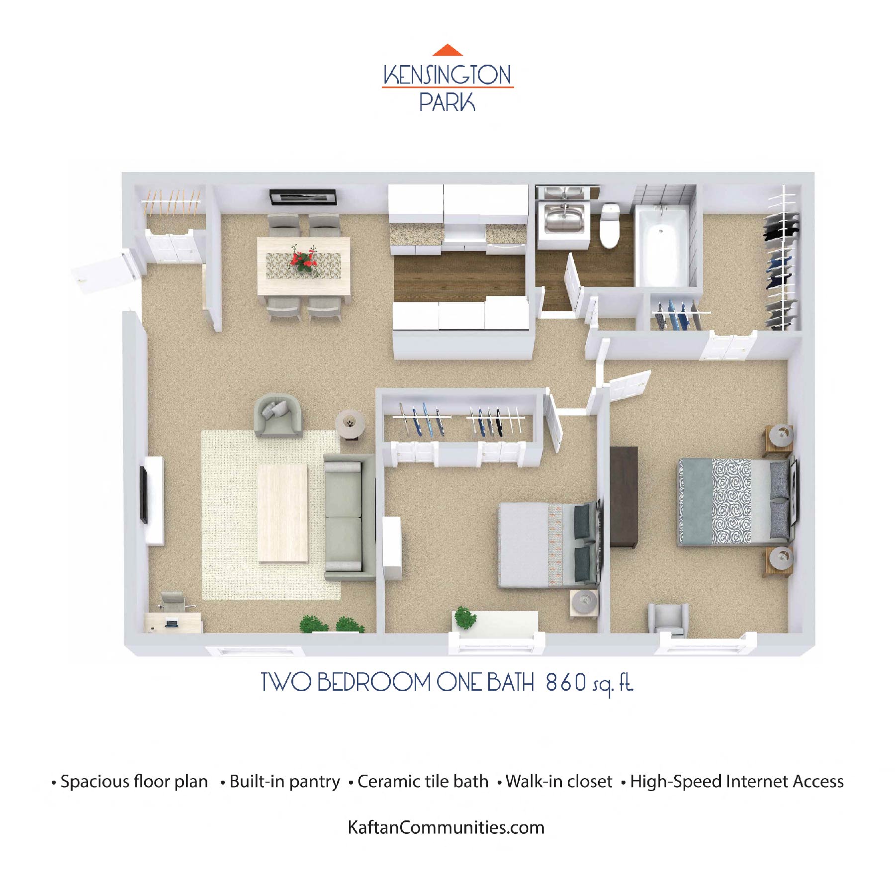 Floor plan for 2 beds, 1 bath, 860 sqft
