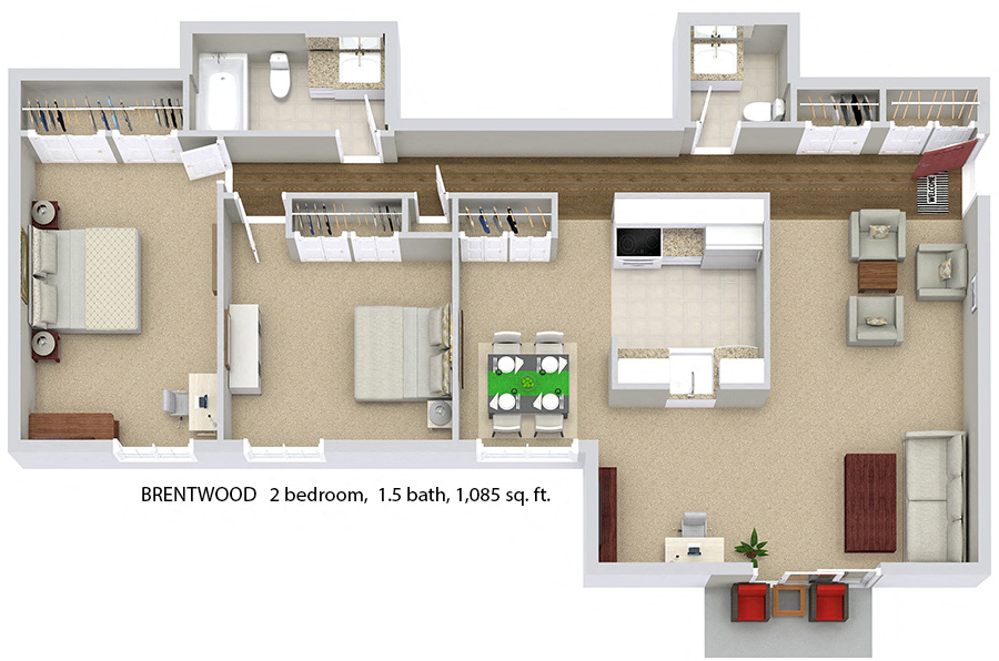 Floor plan for 2 beds, 1.5 baths, 1085 sqft