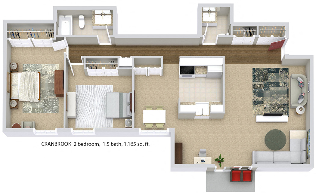 Floor plan for 2 beds, 1.5 baths, 1165 sqft