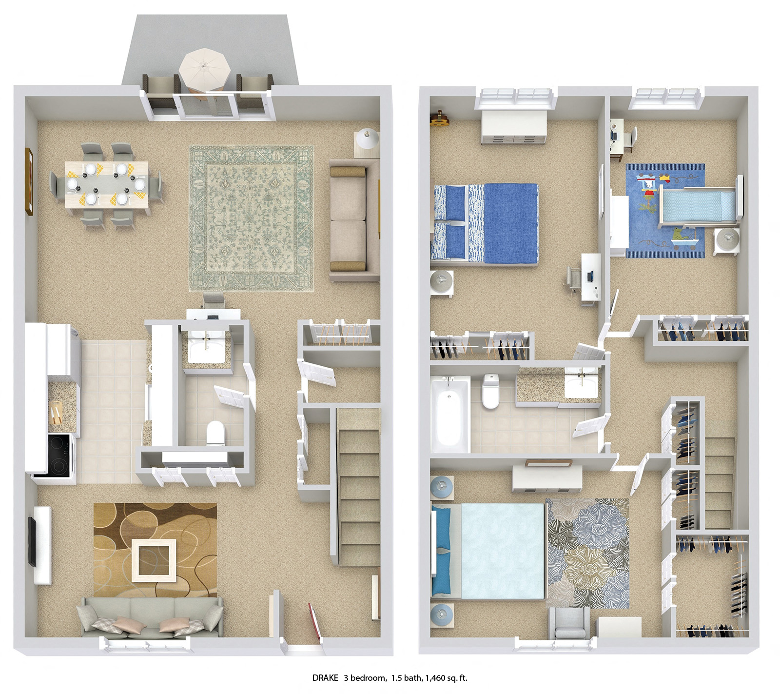 Floor plan for 3 beds, 1.5 baths, 1460 sqft