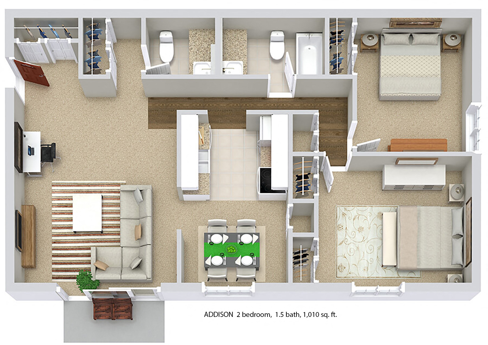 Floor plan for 2 beds, 1.5 baths, 1010 sqft