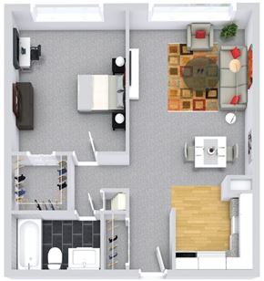 Berkley apartment for rent - A top-down view of a small apartment with a kitchen, living room, and bathroom.