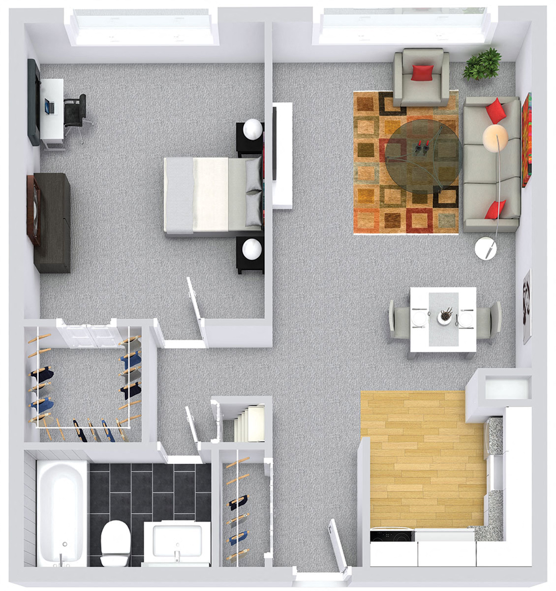 Floor plan for 1 bed, 1 bath, 600 sqft