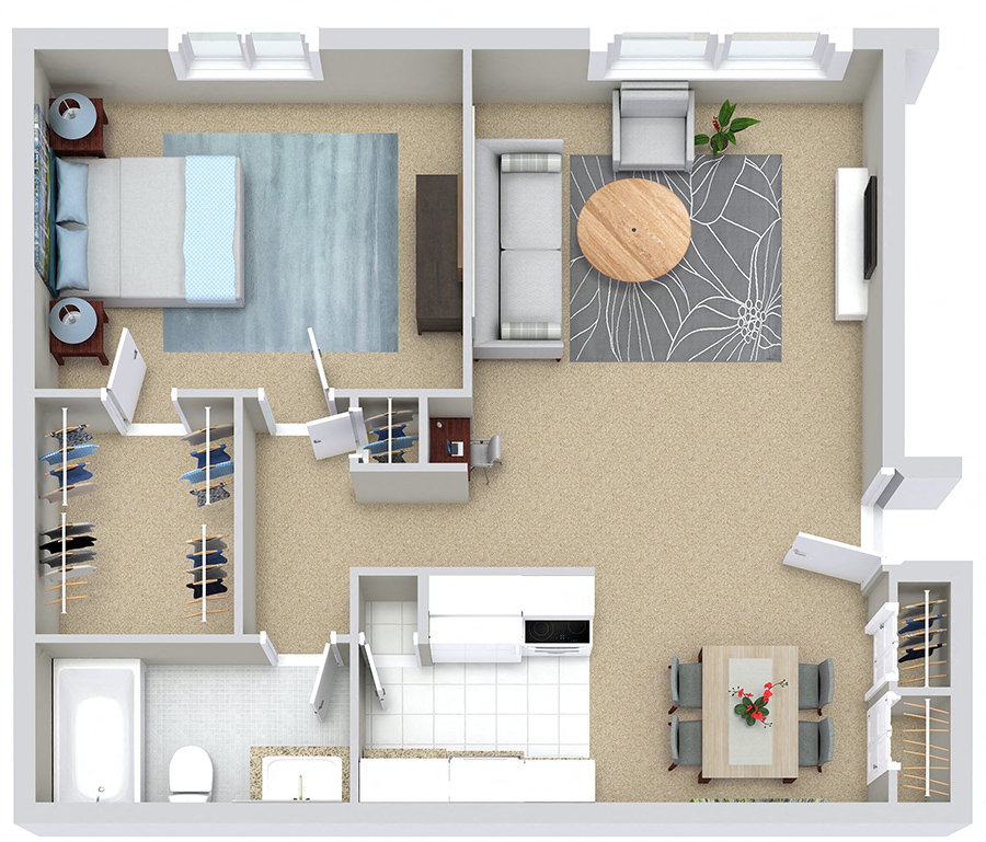 Floor plan for 1 bed, 1 bath, 680 sqft