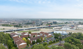 Detroit apartment for rent - an aerial view of a city with highways and buildings