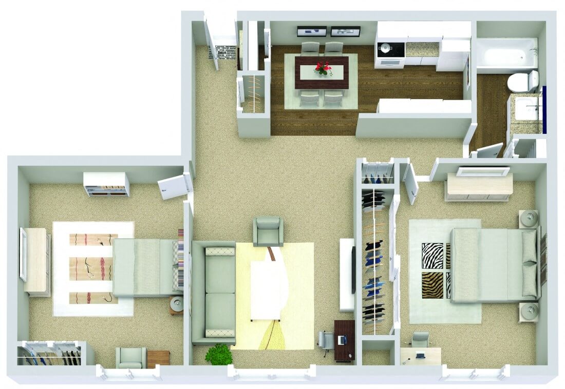 Floor plan for 2 beds, 1 bath, 1000 sqft