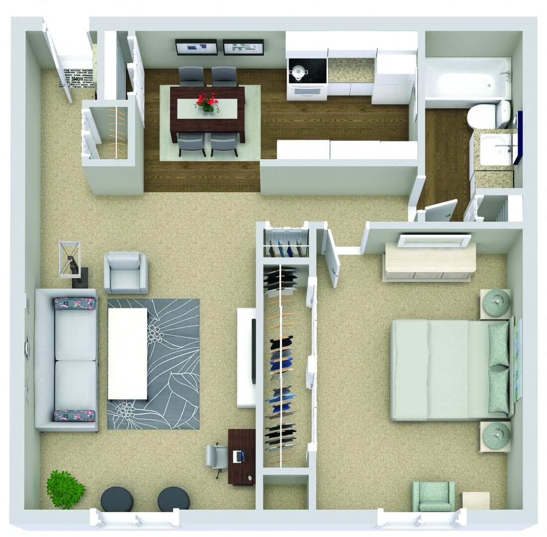 Floor plan for 1 bed, 1 bath, 850 sqft