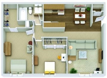 Farmington Hills apartment for rent - A top-down view of a small apartment with a kitchen, living room, and bathroom.