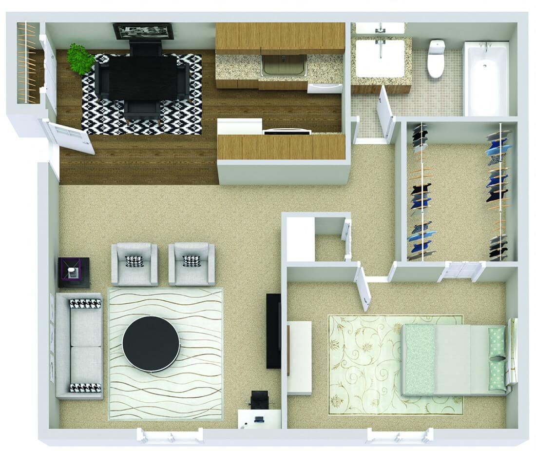 Floor plan for 1 bed, 1 bath, 700 sqft