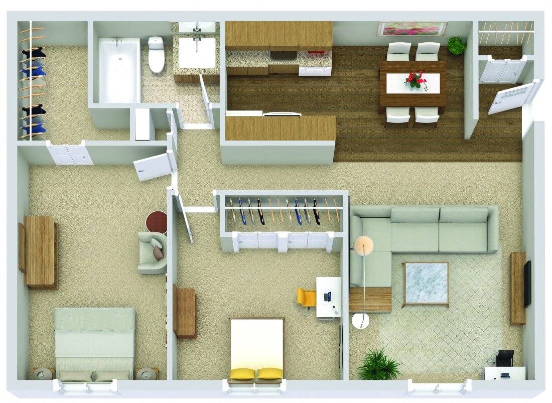 Floor plan for 2 beds, 1 bath, 860 sqft