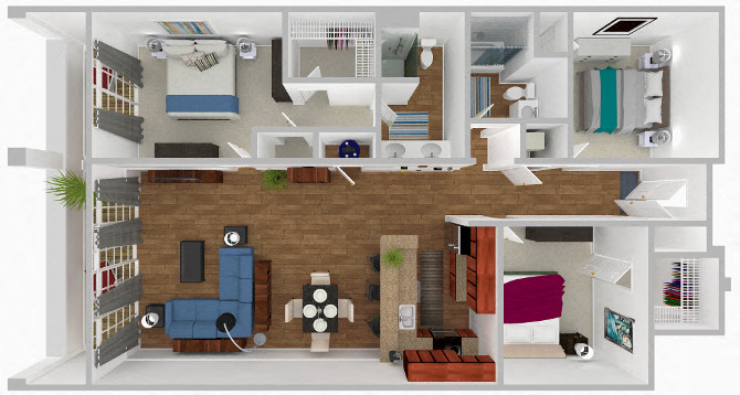 Floor plan for 3 beds, 2 baths, 1500 sqft