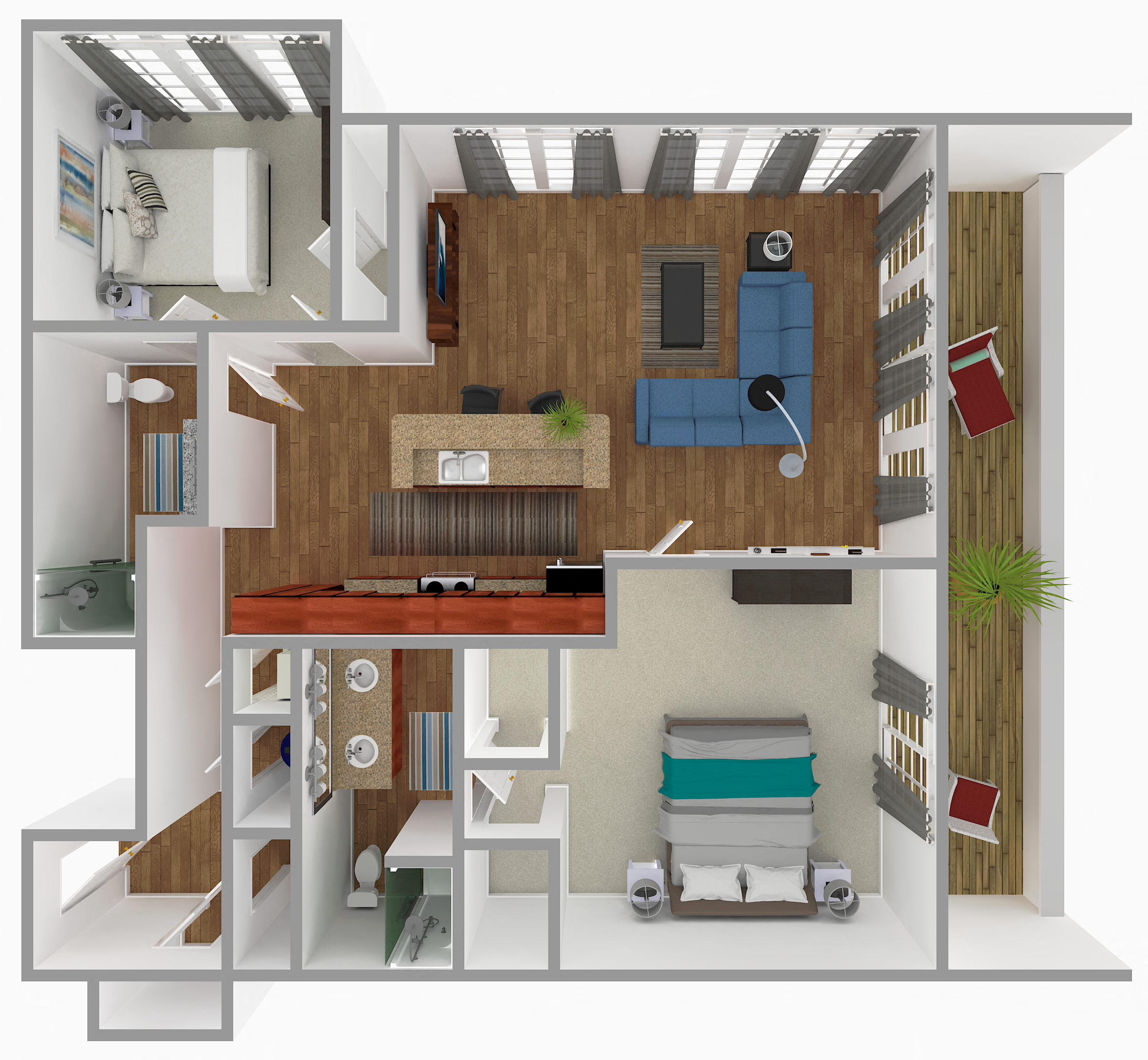 Floor plan for 2 beds, 2 baths, 1367 sqft