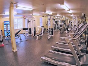 Stamford apartment for rent - a gym with cardio equipment and weights on the floor