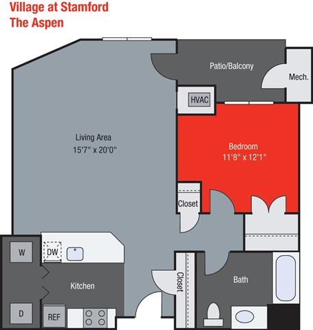 Floor plan for 1 bed, 1 bath, 764 sqft