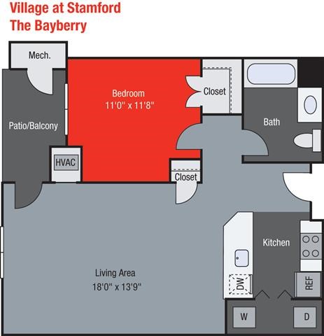Floor plan for 1 bed, 1 bath, 770 sqft