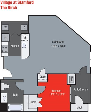 Floor plan for 1 bed, 1 bath, 787 sqft