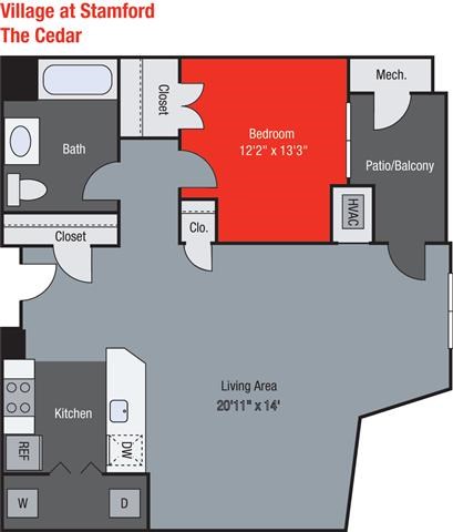 Floor plan for 1 bed, 1 bath, 818 sqft