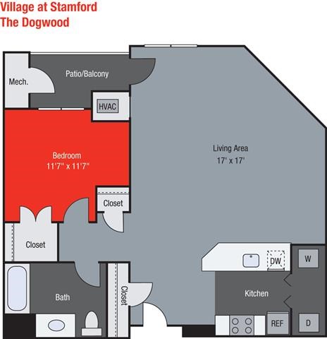 Floor plan for 1 bed, 1 bath, 846 sqft