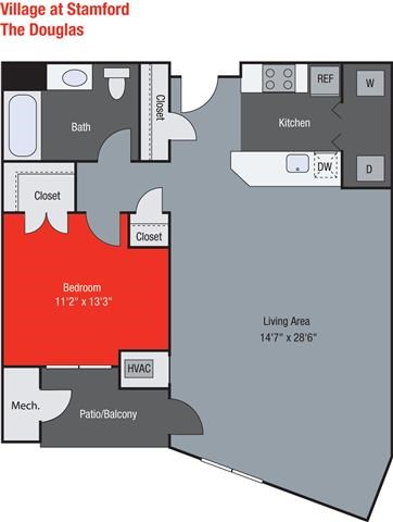 Floor plan for 1 bed, 1 bath, 851 sqft