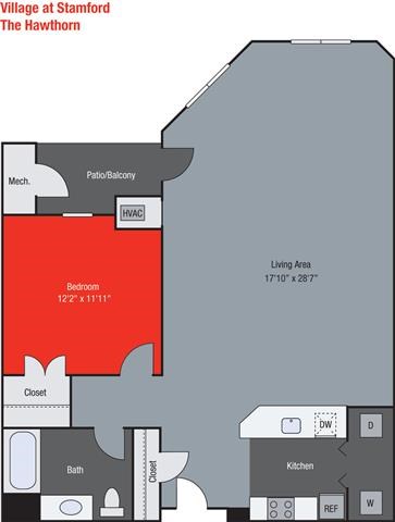 Floor plan for 1 bed, 1 bath, 993 sqft