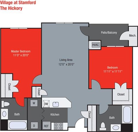 Floor plan for 2 beds, 2 baths, 1051 sqft