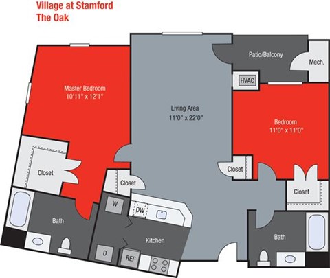 Floor plan for 2 beds, 2 baths, 1130 sqft
