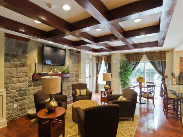 Brookfield apartment for rent - a living room with a stone wall and a tv