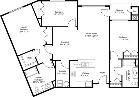 Floor plan for 3 beds, 2 baths, 1531 sqft