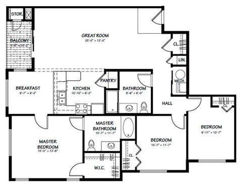 Floor plan for 3 beds, 2 baths, 1461 sqft