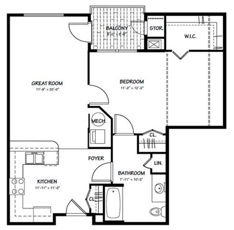 Floor plan for 1 bed, 1 bath, 711 sqft