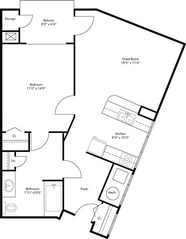 Floor plan for 1 bed, 1 bath, 770 sqft