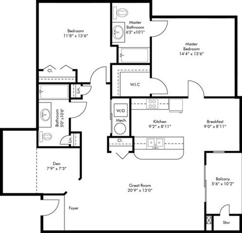Floor plan for 2 beds, 2 baths, 1183 sqft