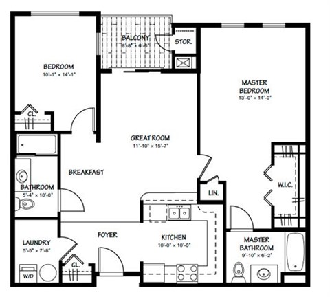 Floor plan for 2 beds, 2 baths, 1123 sqft