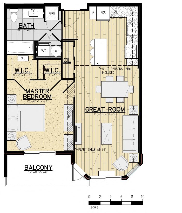 Floor plan for 1 bed, 1 bath, 744 sqft