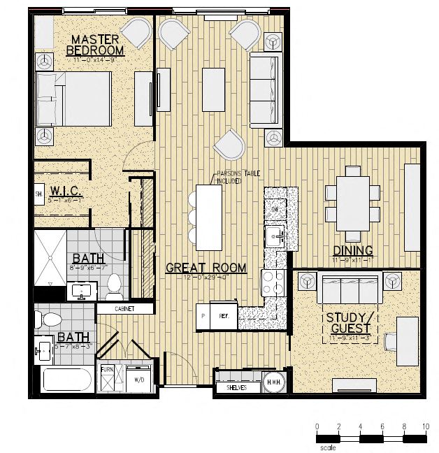 Floor plan for 1 bed, 2 baths, 1121 sqft