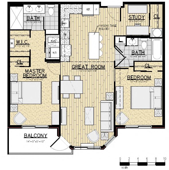 Floor plan for 2 beds, 2 baths, 1008 sqft