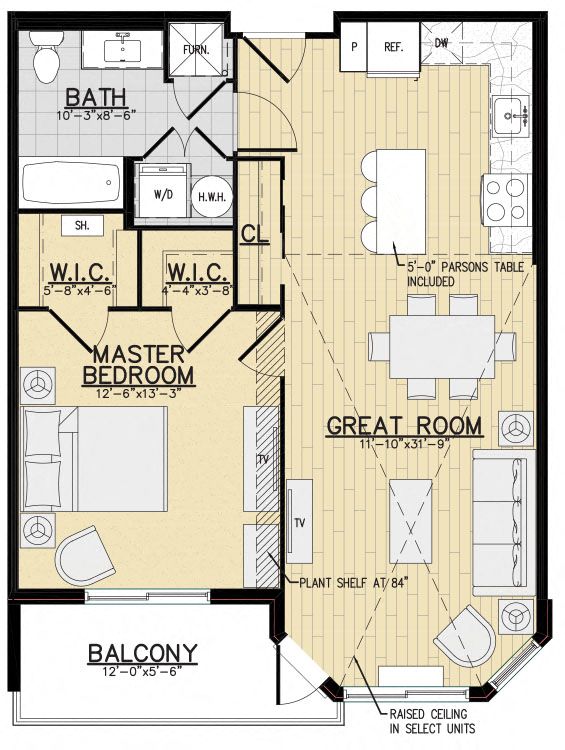 Floor plan for 1 bed, 1 bath, 744 sqft
