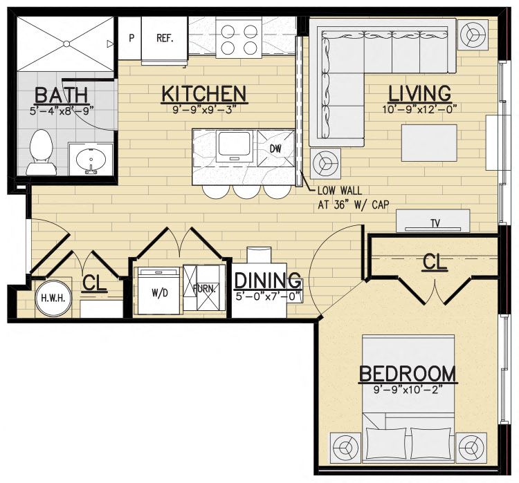 Floor plan for 1 bed, 1 bath, 532 sqft