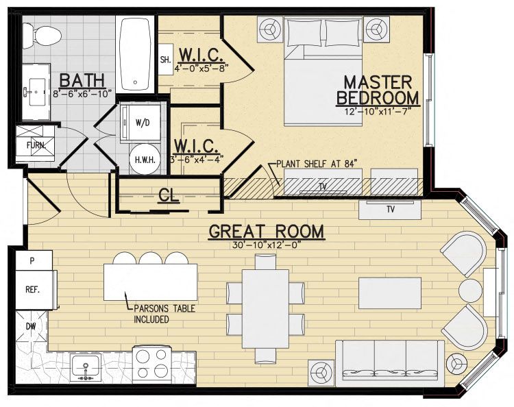 Floor plan for 1 bed, 1 bath, 698 sqft