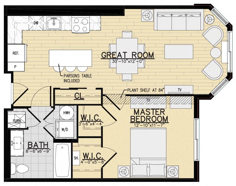 Floor plan for 1 bed, 1 bath, 683 sqft