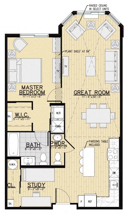Floor plan for 1 bed, 1.5 baths, 893 sqft
