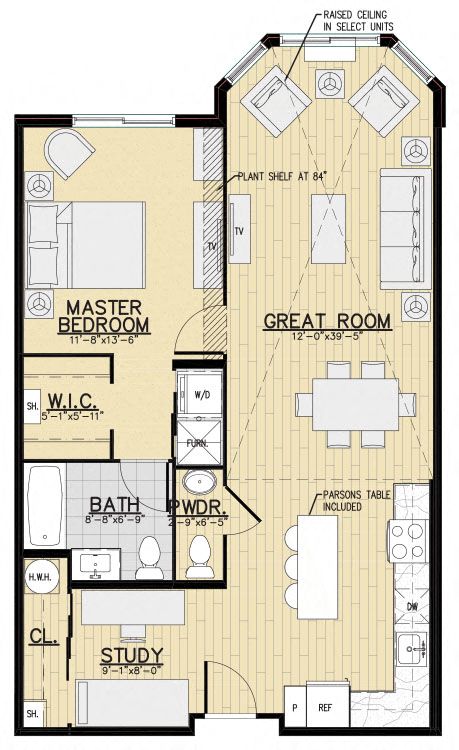 Floor plan for 1 bed, 1.5 baths, 912 sqft